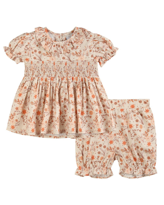 Brown Floral Smocked Dress and Bloomer Set