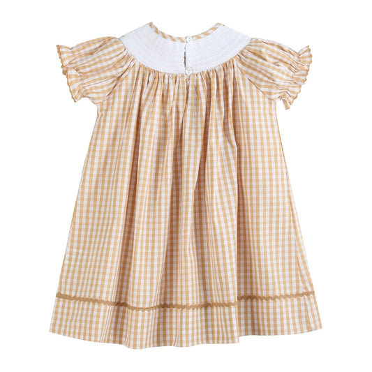 Brown Gingham Football Smocked Bishop Dress