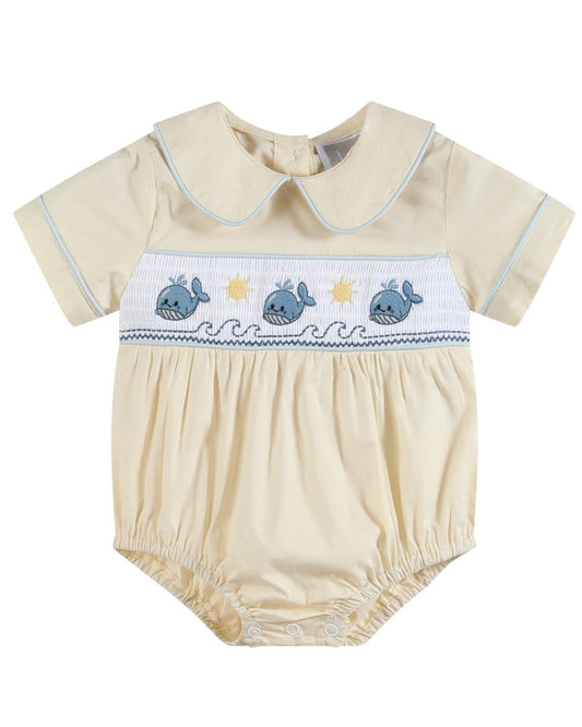Buttercream Yellow Whale Smocked Collared Romper