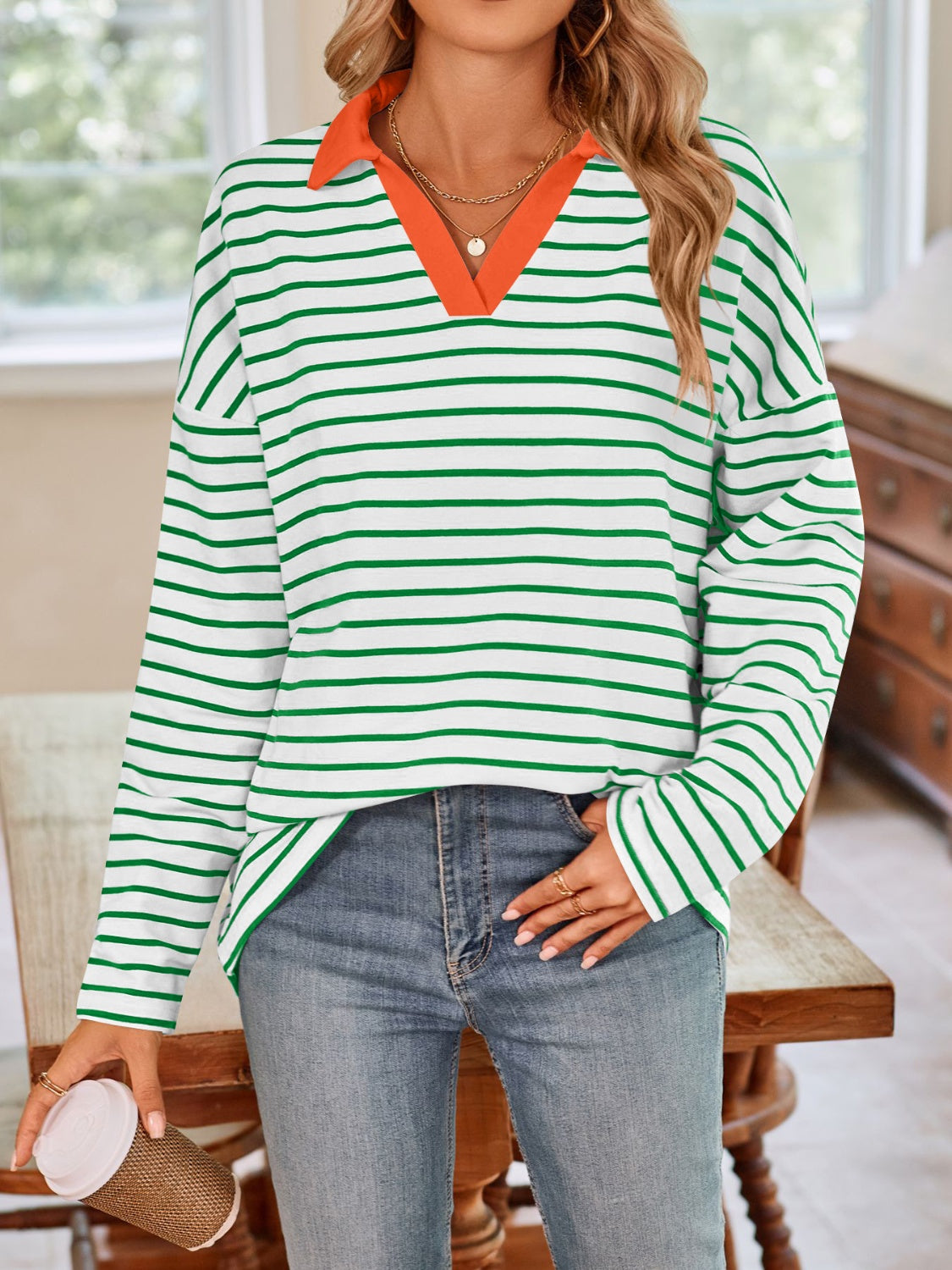 Striped Johnny Collar Long Sleeve Shirt