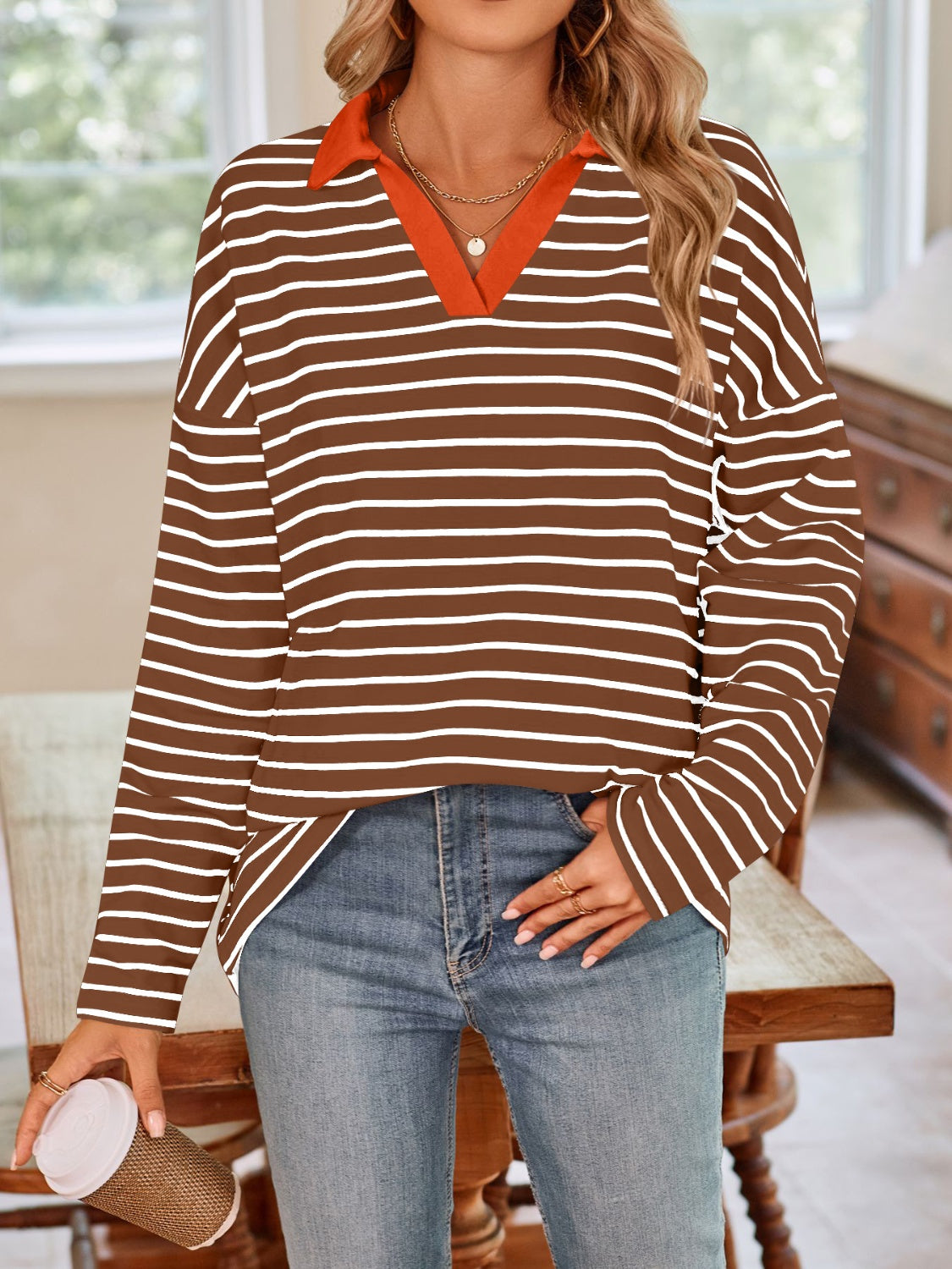 Striped Johnny Collar Long Sleeve Shirt