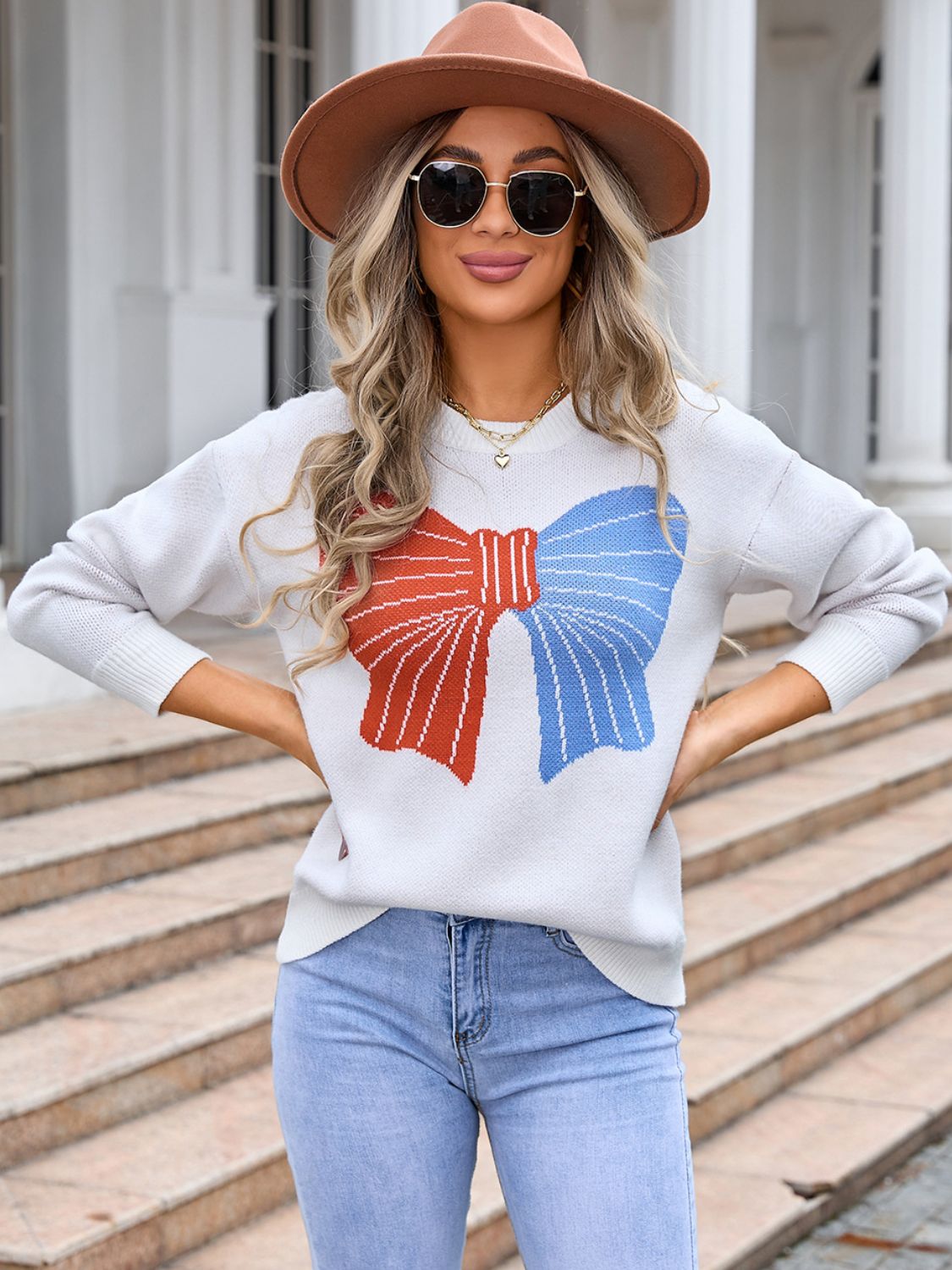 Contrast Bow Dropped Shoulder Sweater