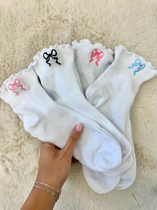 Embroidered 'Ribbon Bow' Ruffle Socks