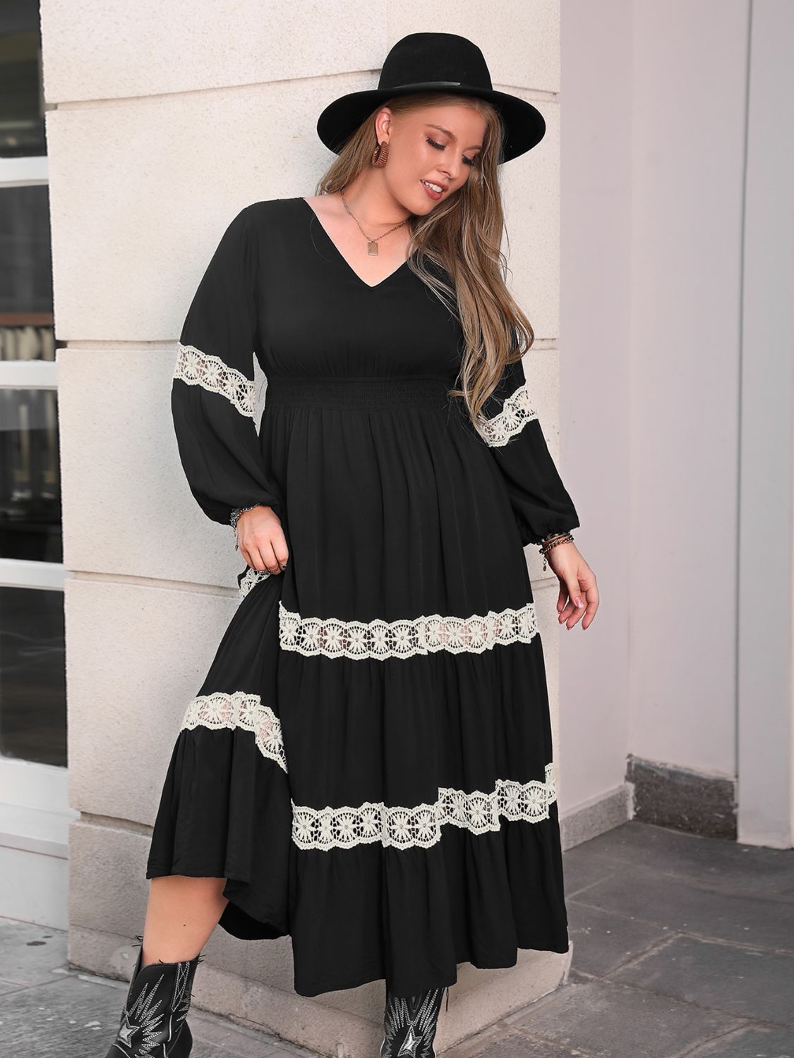 Plus Size Lace Detail Midi Dress - Black - Black / 0XL Plus Size Lace Detail Midi Dress - Black - Black / 0XL