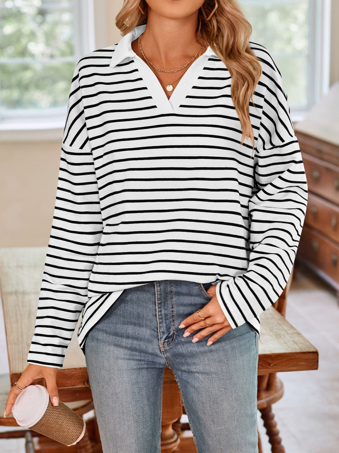 Striped Johnny Collar Long Sleeve Shirt
