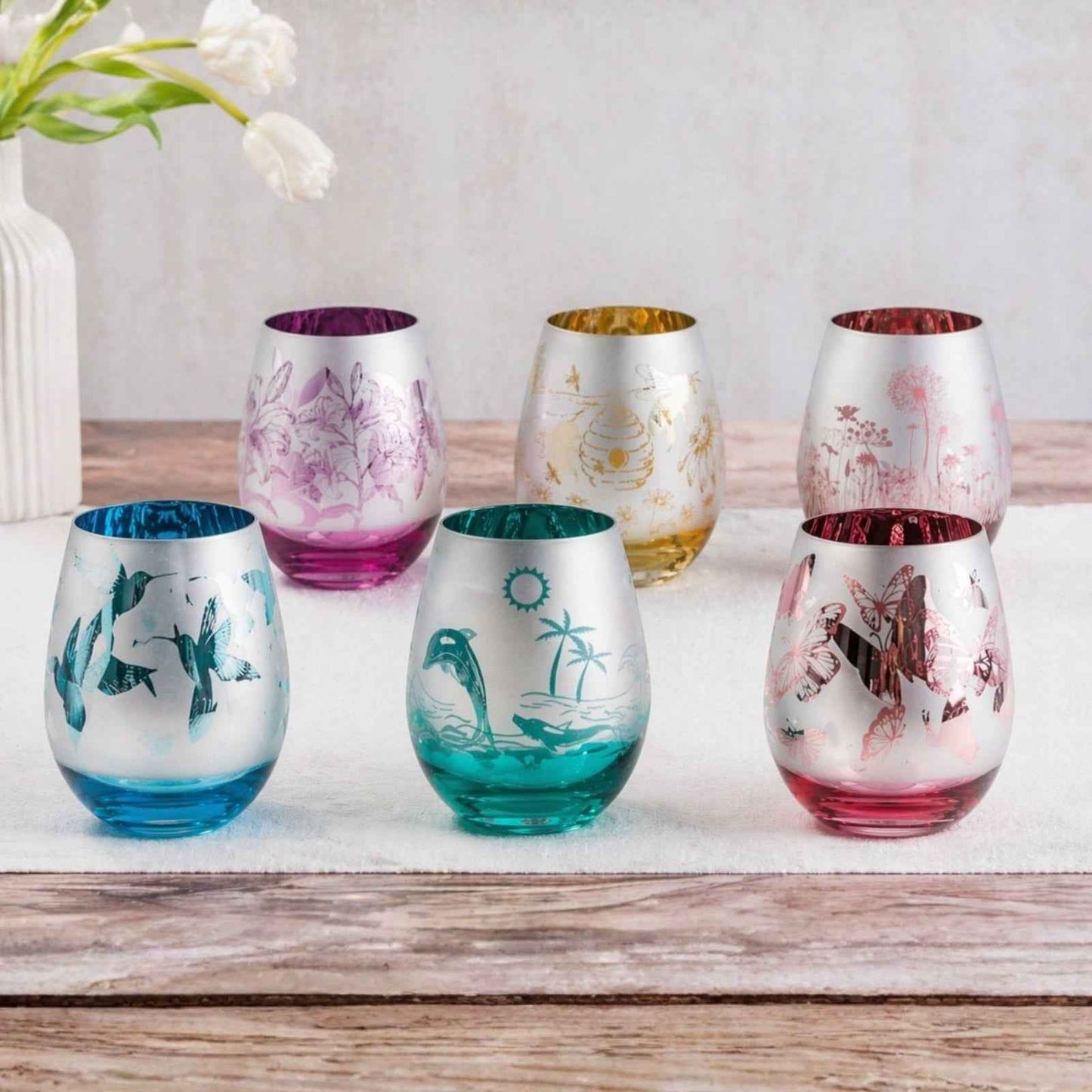 Pink Butterfly Stemless Wine Glasses