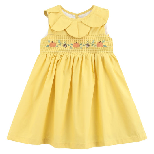 Golden Yellow Pumpkin Smocked Petal Collar Dress