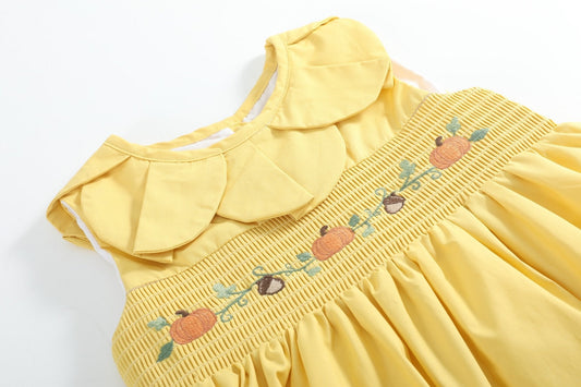 Golden Yellow Pumpkin Smocked Petal Collar Dress