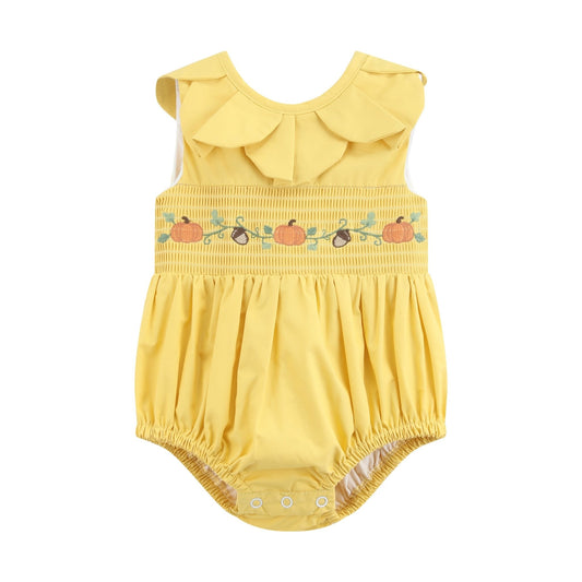 Golden Yellow Pumpkin Smocked Petal Collar Bubble Romper