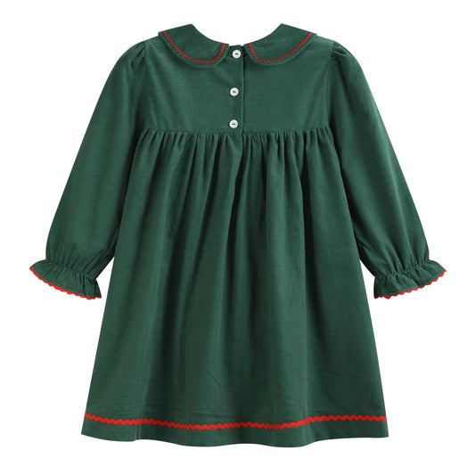 Green Corduroy Christmas Tree Ruffle Dress