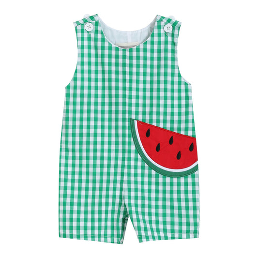 Green Gingham Watermelon Applique Overalls