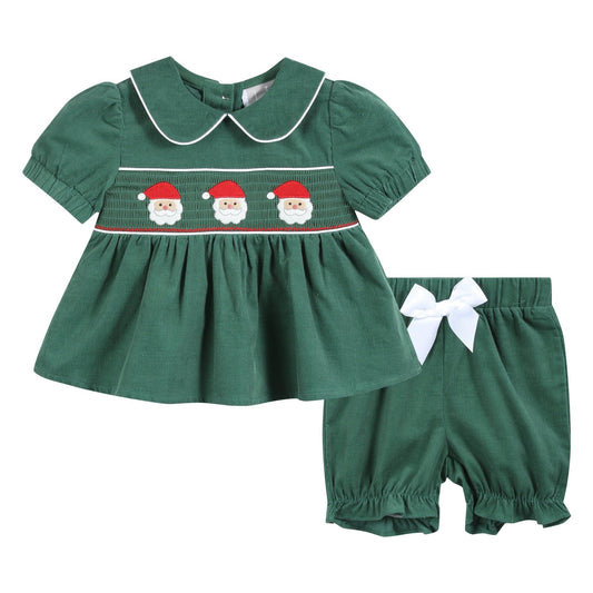 Green Corduroy Santa Smocked Dress and Bloomers