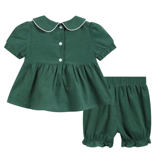 Green Corduroy Santa Smocked Dress and Bloomers