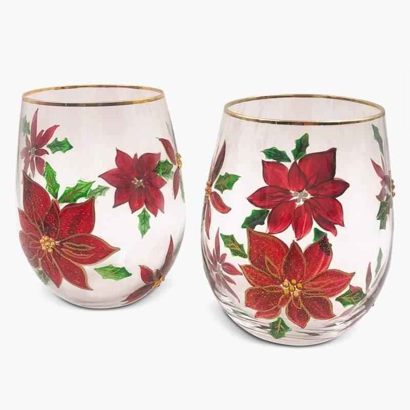 Painted Poinsettia Stemless Wine Glasses