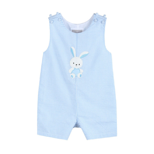 Light Blue Gingham Easter Bunny Applique Shortalls