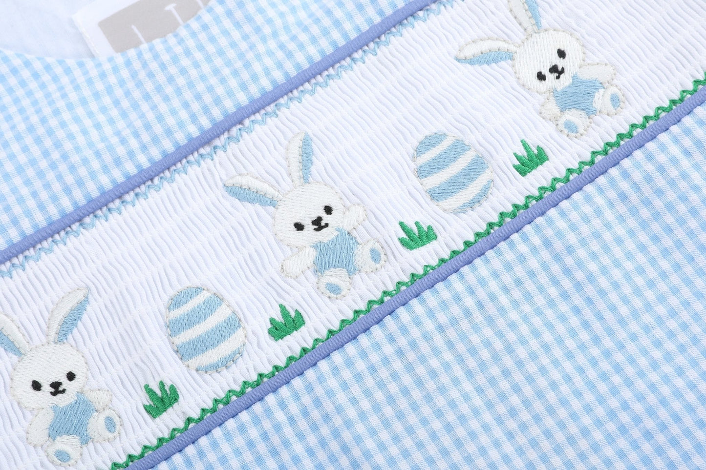 Light Blue Gingham Easter Egg and Bunnies Smocked Shortall