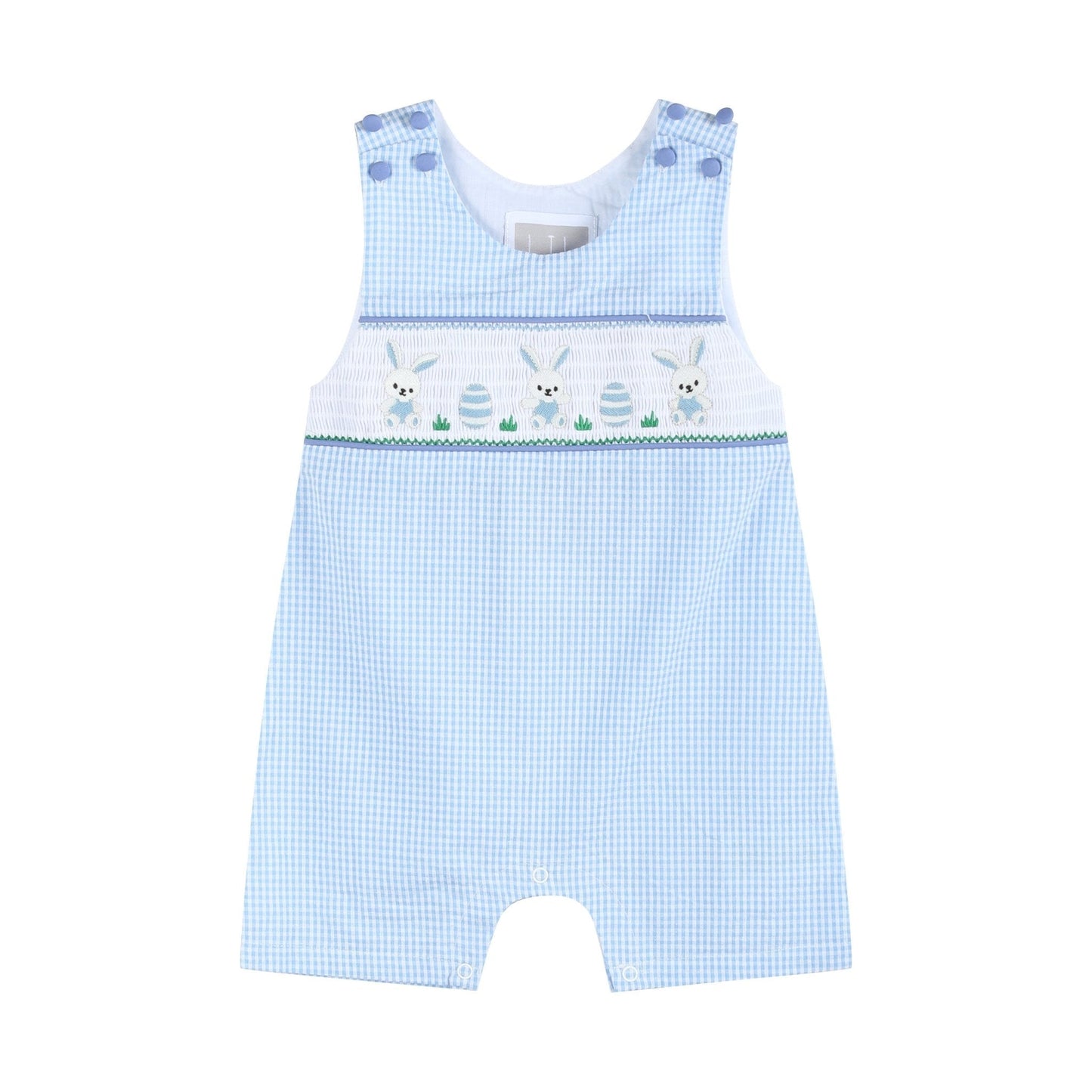 Light Blue Gingham Easter Egg and Bunnies Smocked Shortall