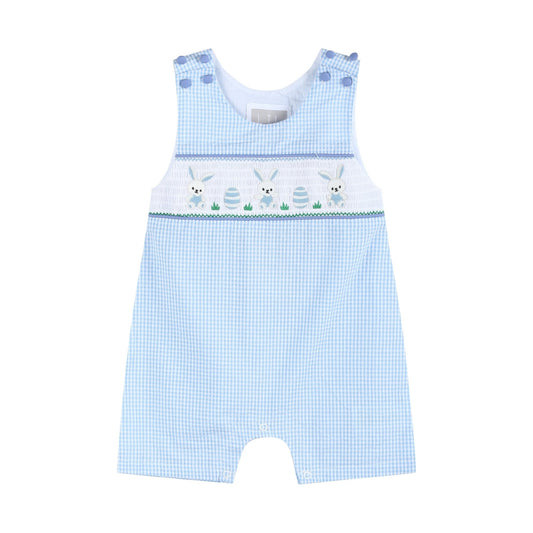 Light Blue Gingham Easter Egg and Bunnies Smocked Shortall
