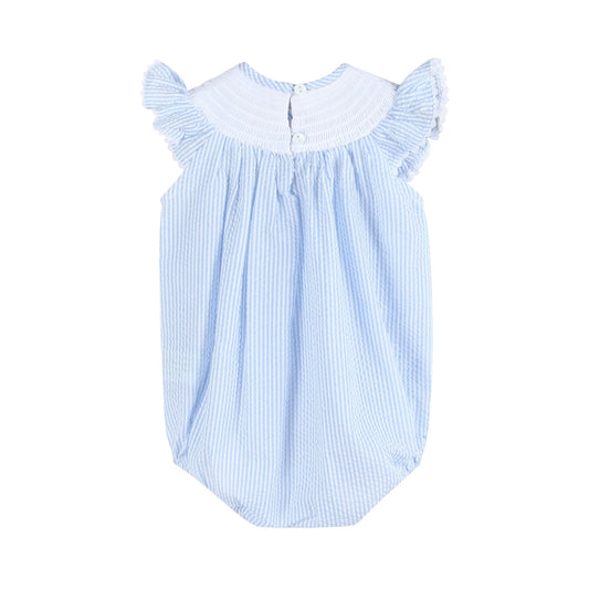 Light Blue Seersucker Easter Bunny Smocked Flutter Romper