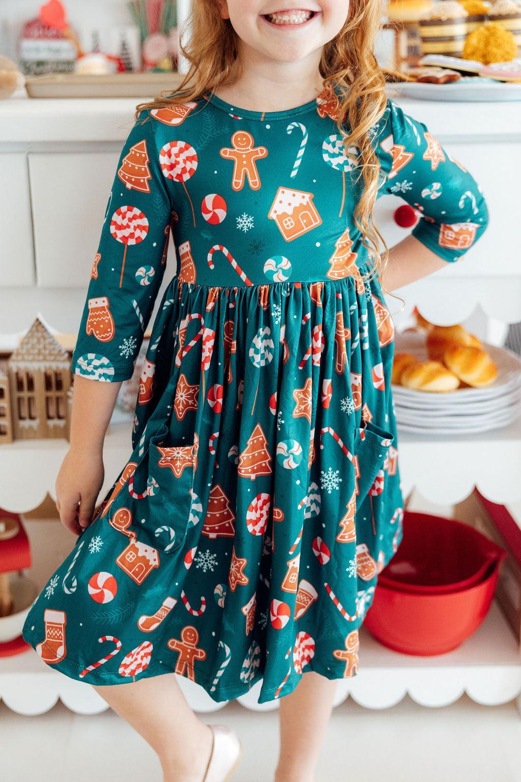 Gingerbread House 3/4 Sleeve Pocket Twirl Dress
