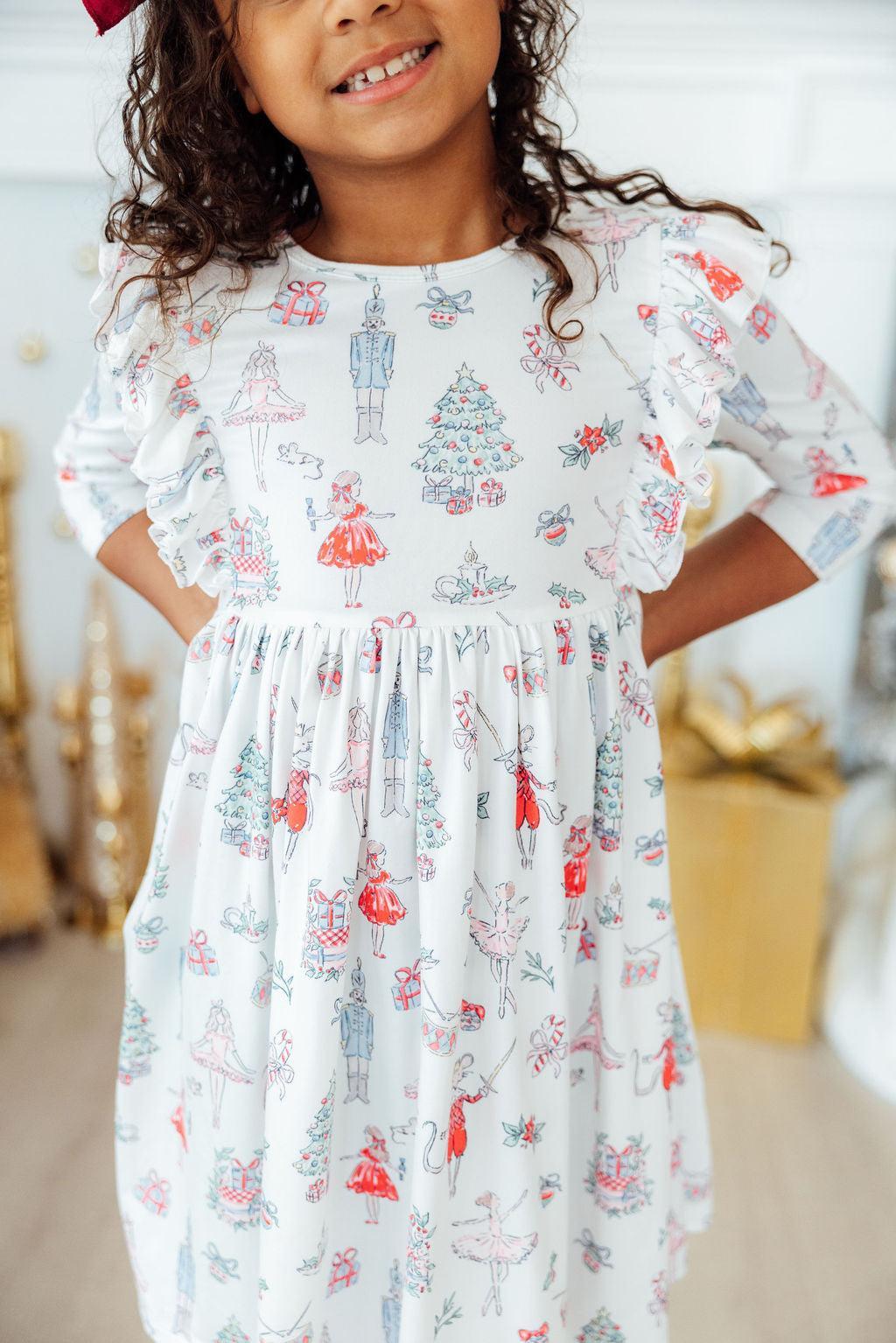 Clara's Christmas 3/4 Sleeve Ruffle Twirl Dress