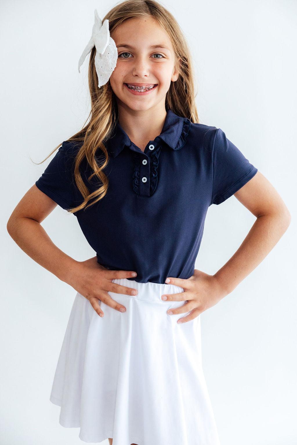 Navy S/S Ruffle Polo