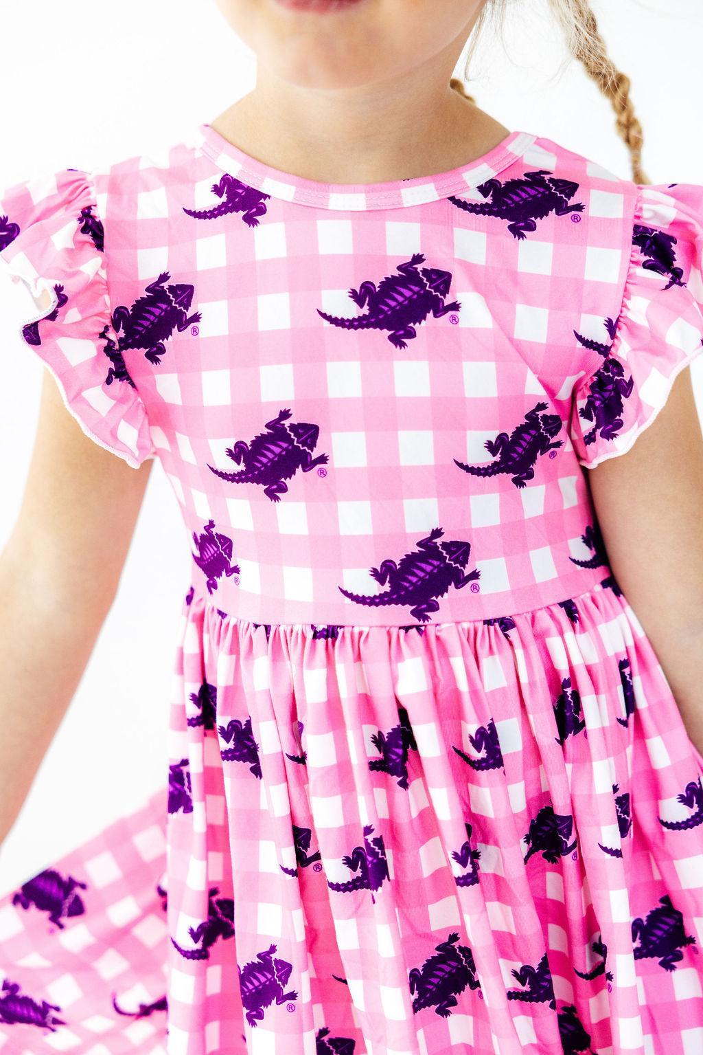 TCU Pink Gingham Frog Flutter Twirl Dress