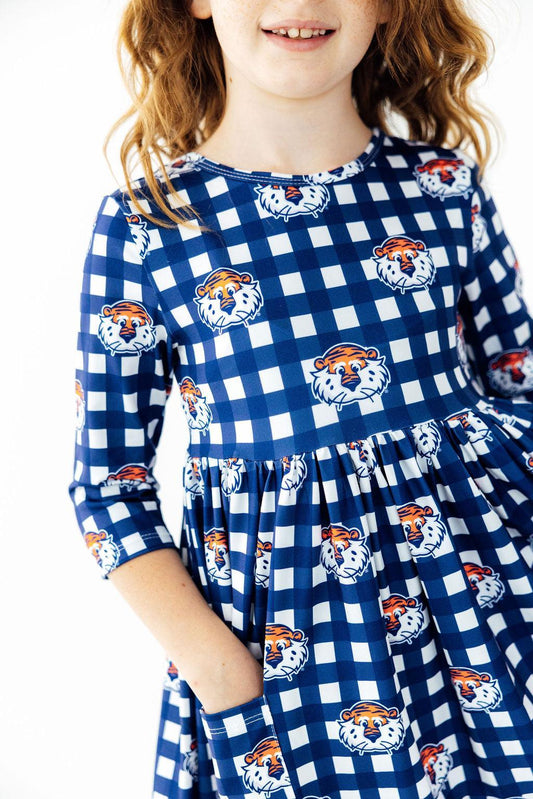Auburn Plaid Aubie 3/4 Sleeve Pocket Twirl Dress