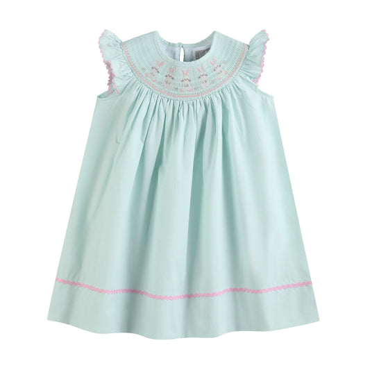 Misty Blue Easter Bunny Smocked Bishop Dress