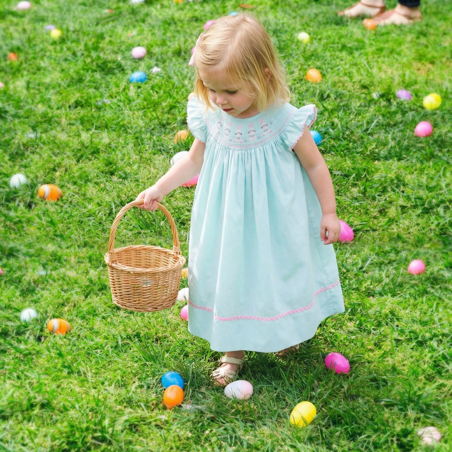 Misty Blue Easter Bunny Smocked Bishop Dress