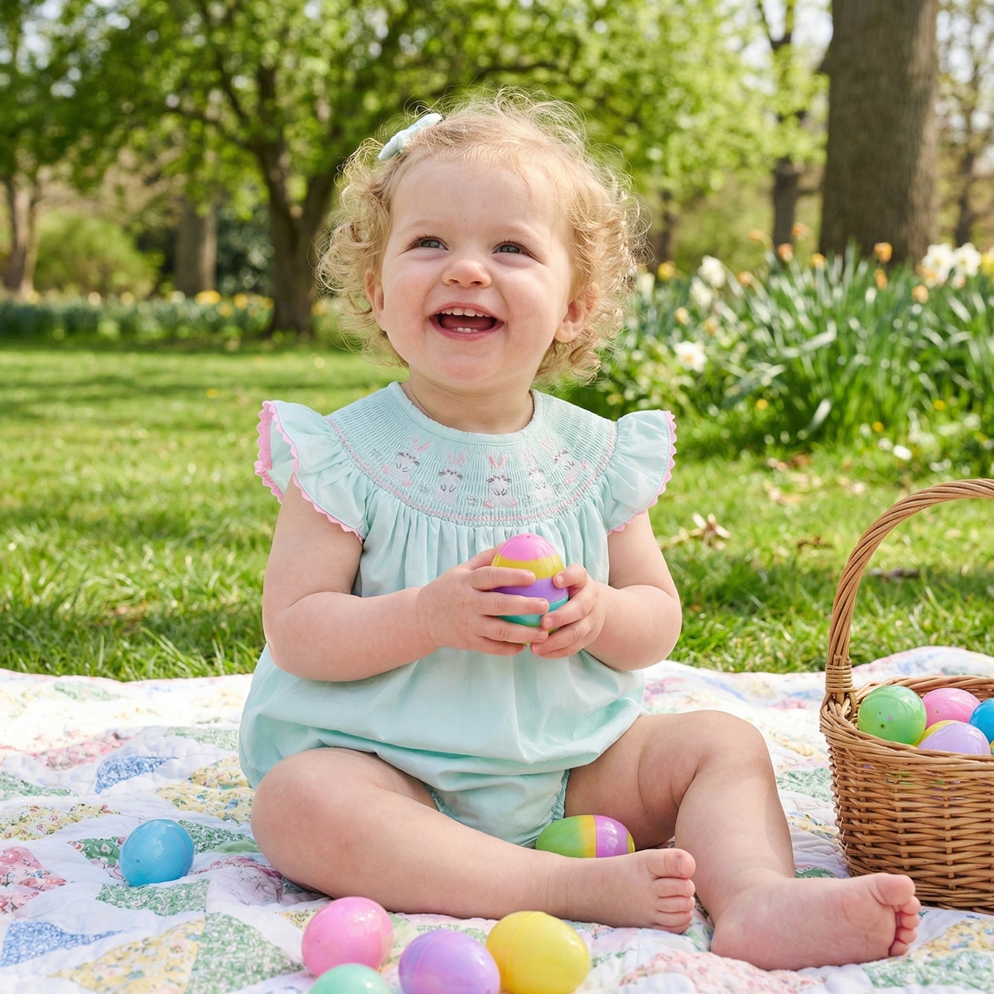 Misty Blue Easter Bunny Smocked Bubble Romper