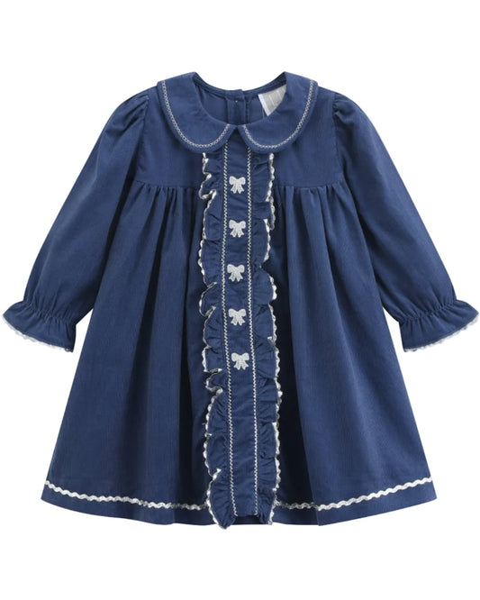 Navy Corduroy Ruffle Dress with Silver Bows
