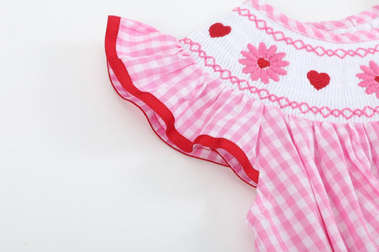 Pink Gingham Daisy and Hearts Smocked Romper
