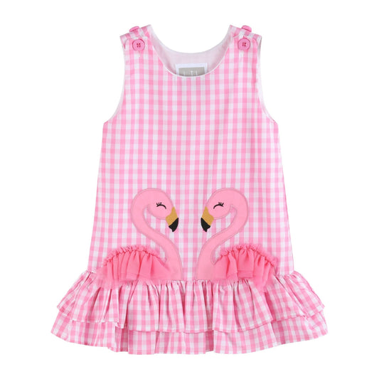 Pink Gingham Flamingo Tulle Ruffle Dress