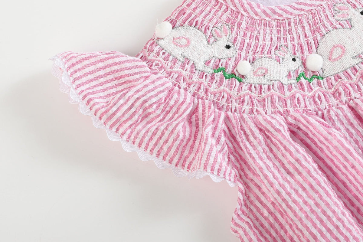 Pink Seersucker Running Bunnies Smocked Flutter Bubble Romper