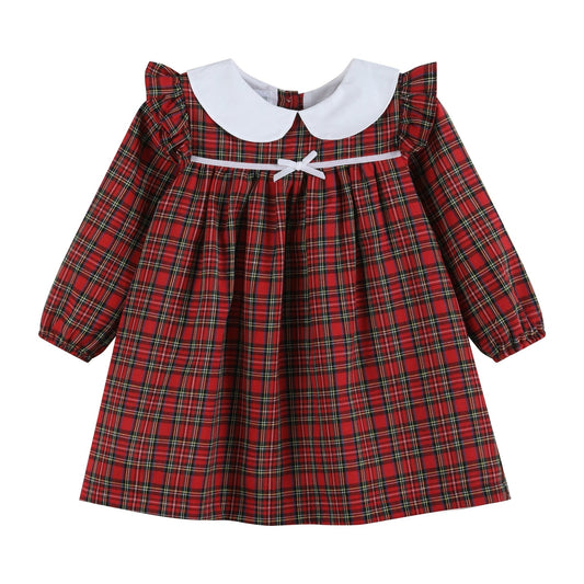 Red Christmas Plaid Colllared Ruffle Dress