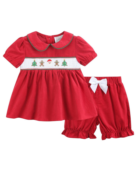 Red Corduroy Christmas Smocked Dress and Bloomers