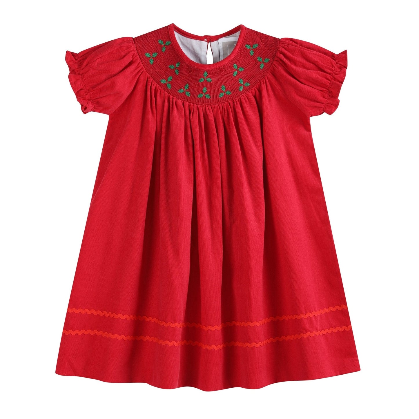 Red Corduroy Mistletoe Smocked Bishop Dress