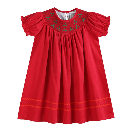 Red Corduroy Mistletoe Smocked Bishop Dress