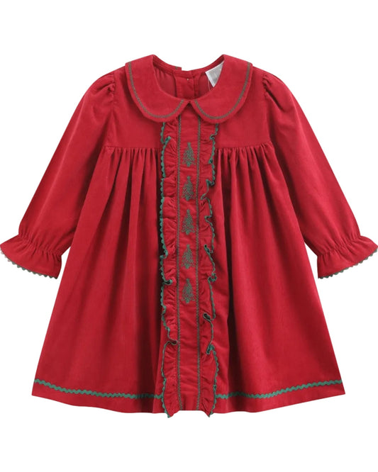 Red Corduroy Ruffle Dress with Christmas Trees