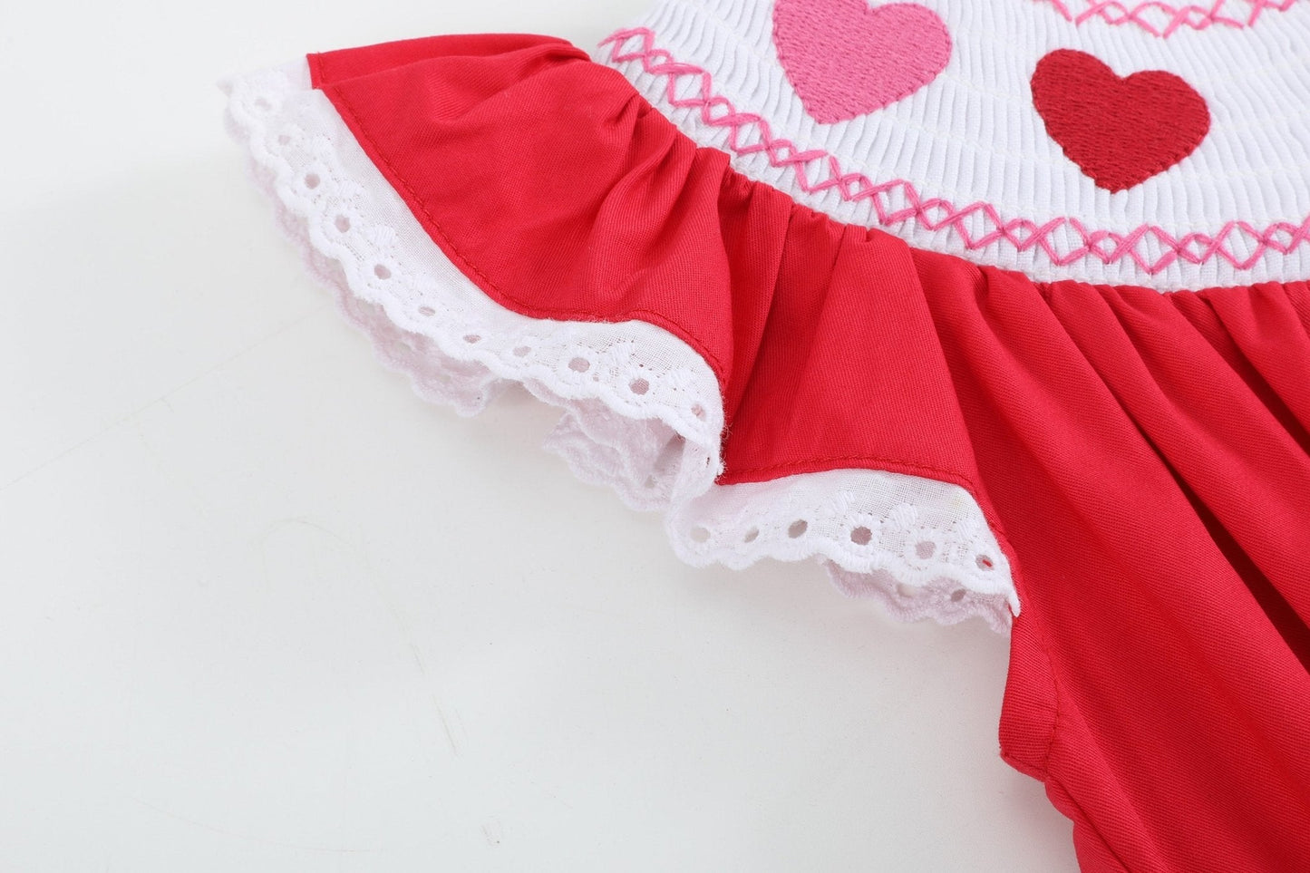Valentine Red Heart and Lace Smocked Romper