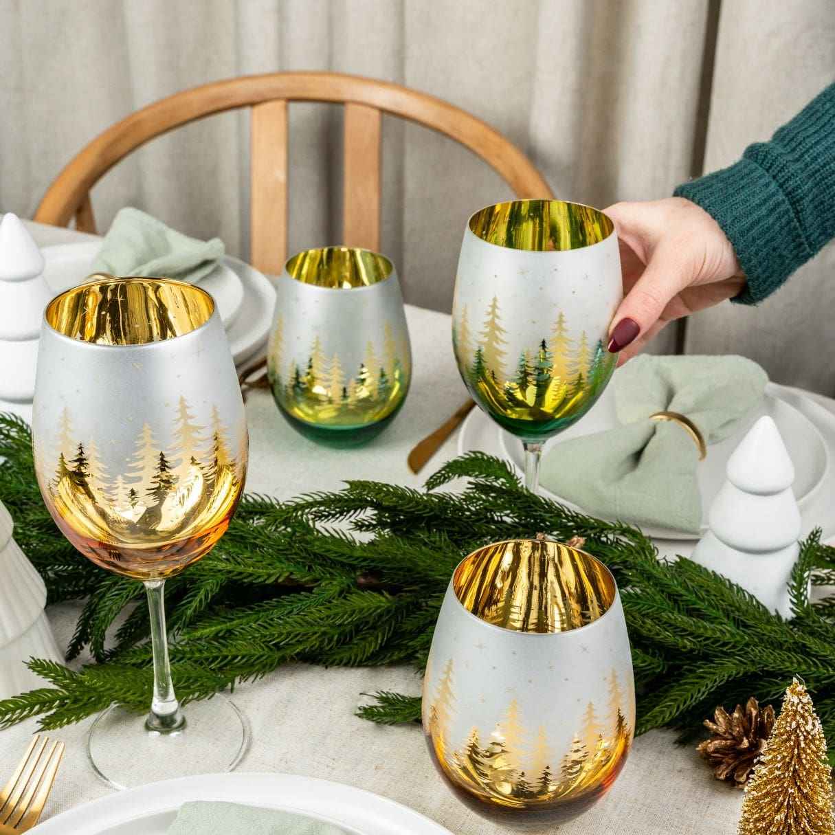 Gold Pine Tree Wine Glasses