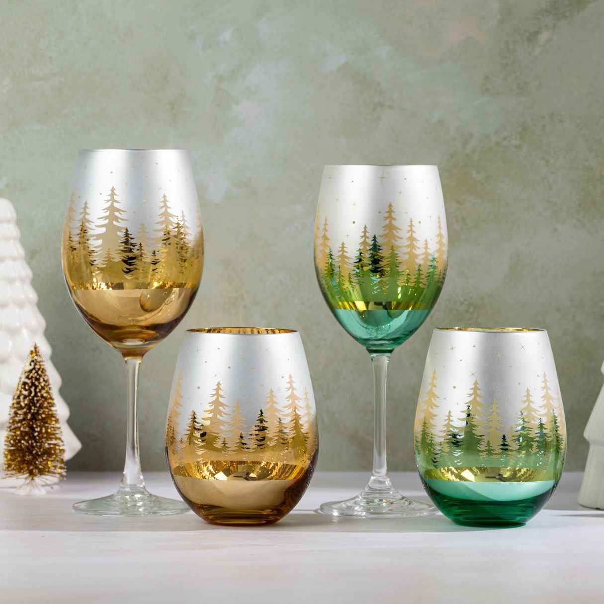 Gold Pine Tree Stemless Wine Glasses