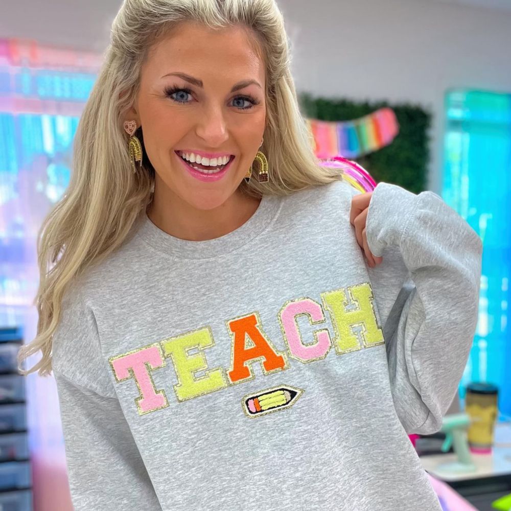 Teach Pencil Letter Patch Crewneck Sweatshirt