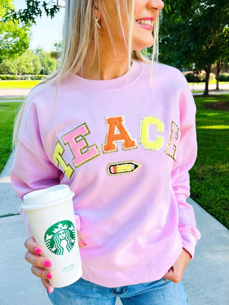 Teach Pencil Letter Patch Crewneck Sweatshirt