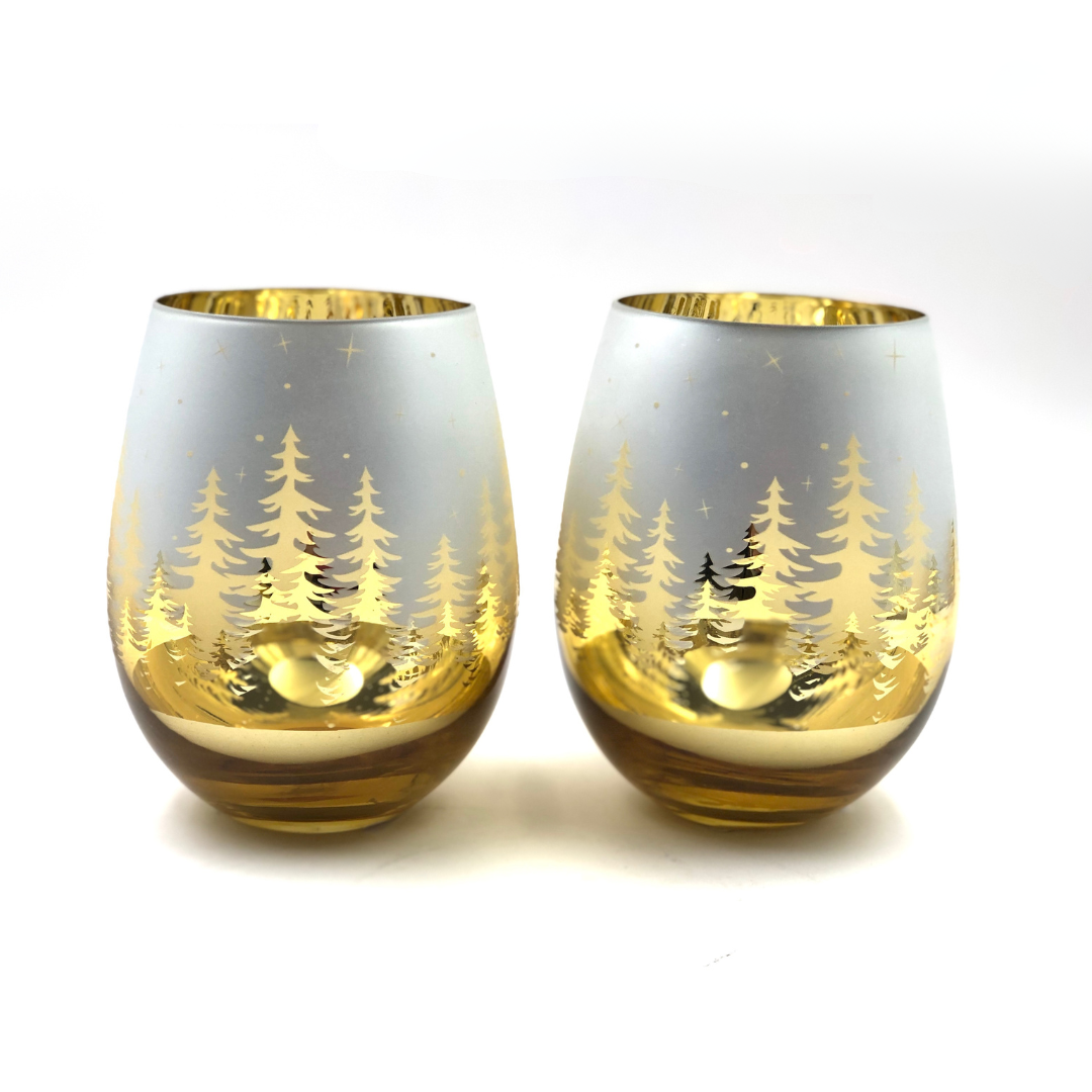Gold Pine Tree Stemless Wine Glasses