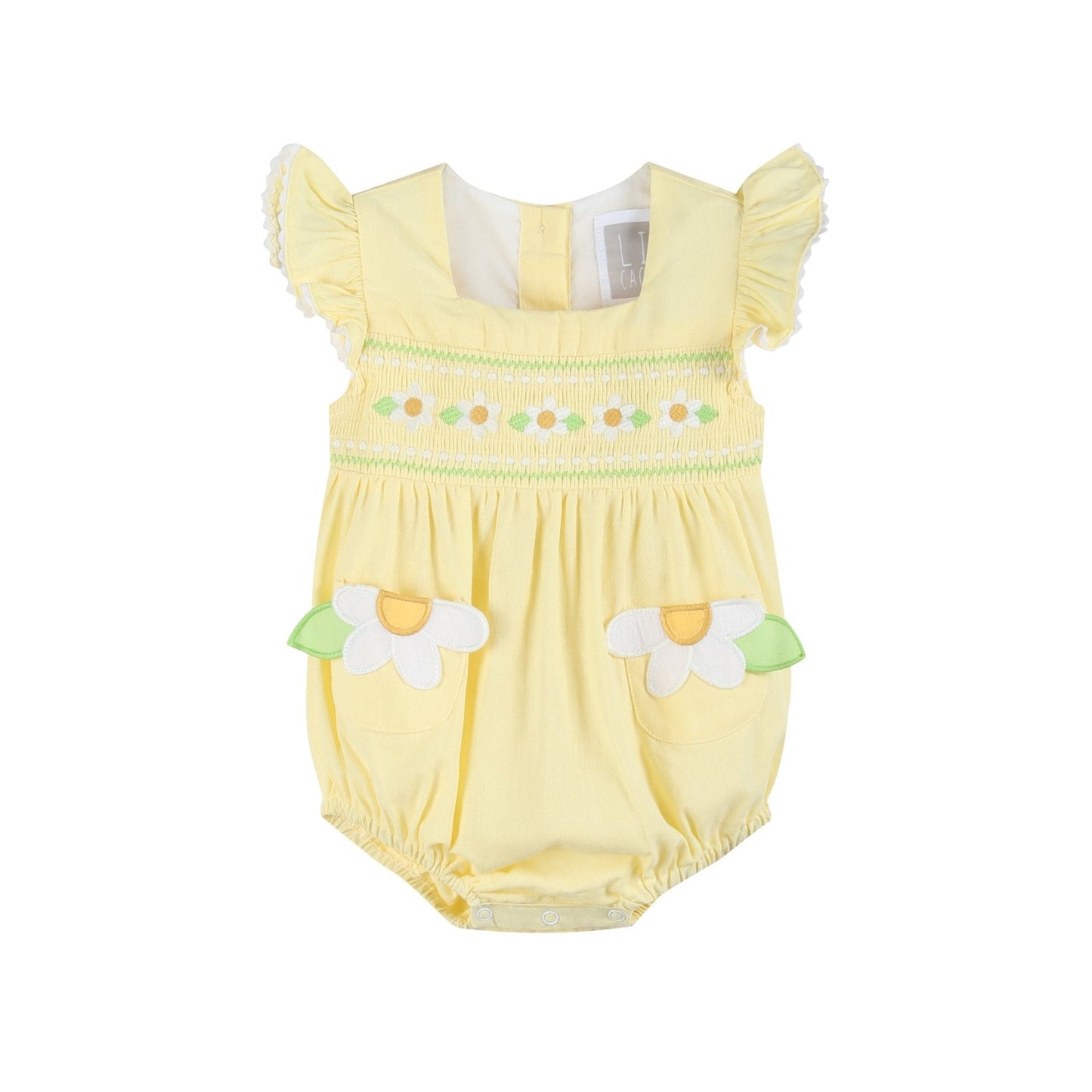 Yellow Daisy Pocketed Smocked Flutter Romper