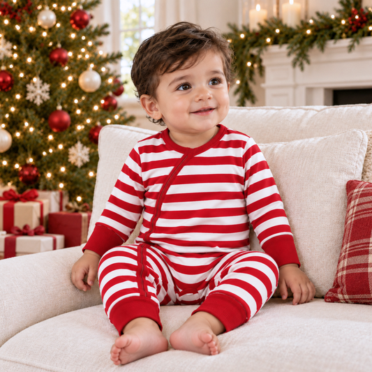 Red Striped Cotton Christmas Zipper Romper with Convertible Cuffs